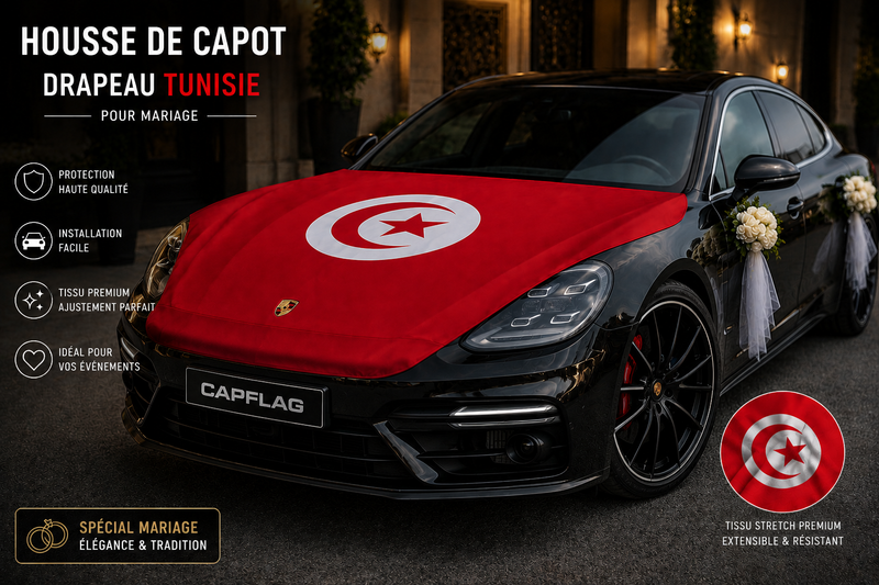 Drapeau de capot Tunisie élastique CapFlag sur capot de voiture